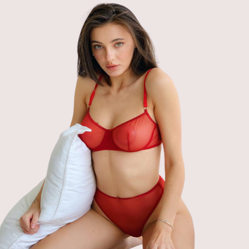 Sensual Red Bra &amp; Thong Set - Fully See-Through Design