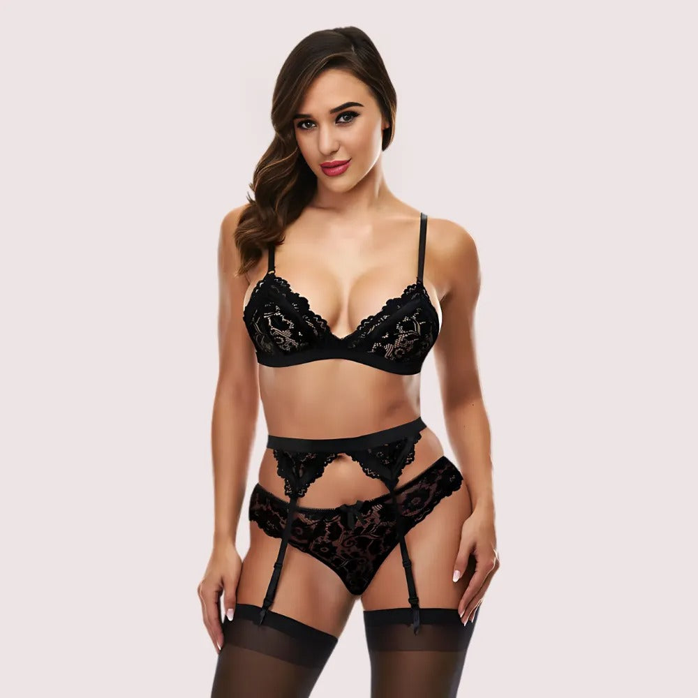 Exotic black lace bra set with garter belt