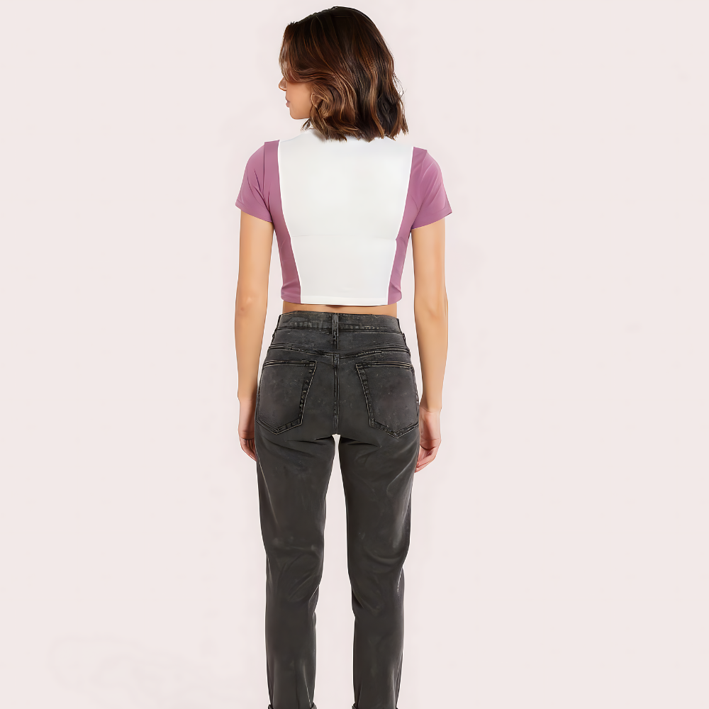 "Campus Vibes" Colorblock Zip Crop Top – Lilac &amp; White